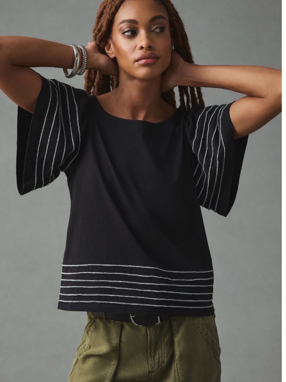 Maeve Black Short Sleeve Tee with White Stripe Detail